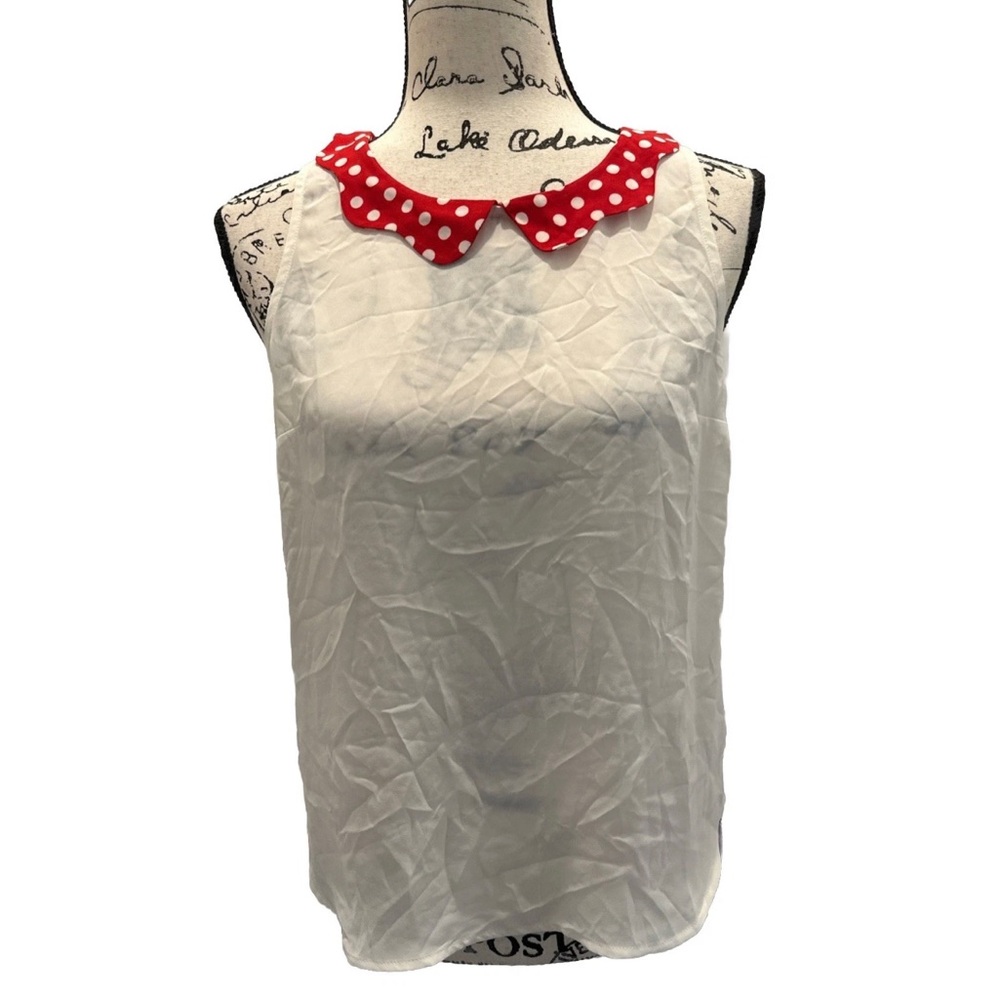 Disney by LC Lauren Conrad White Sleeveless Top with Red Polka Dot Collar